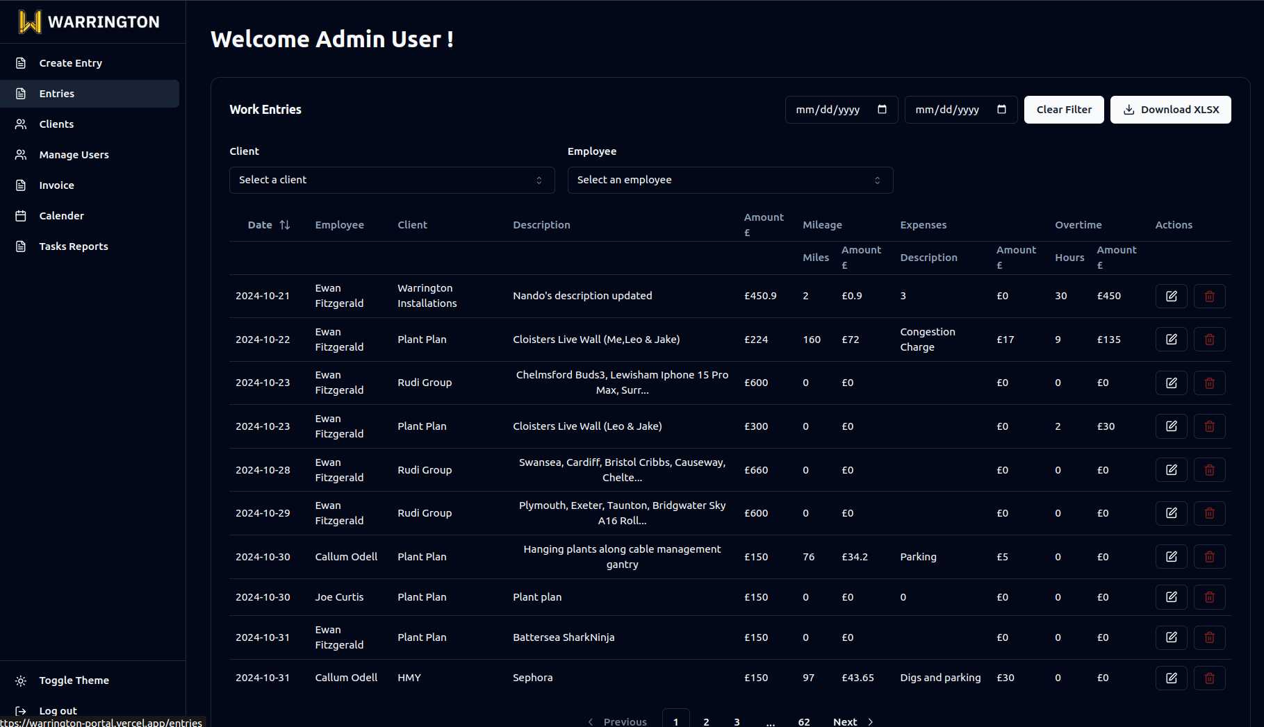 Admin dashboard for managing users and tasks